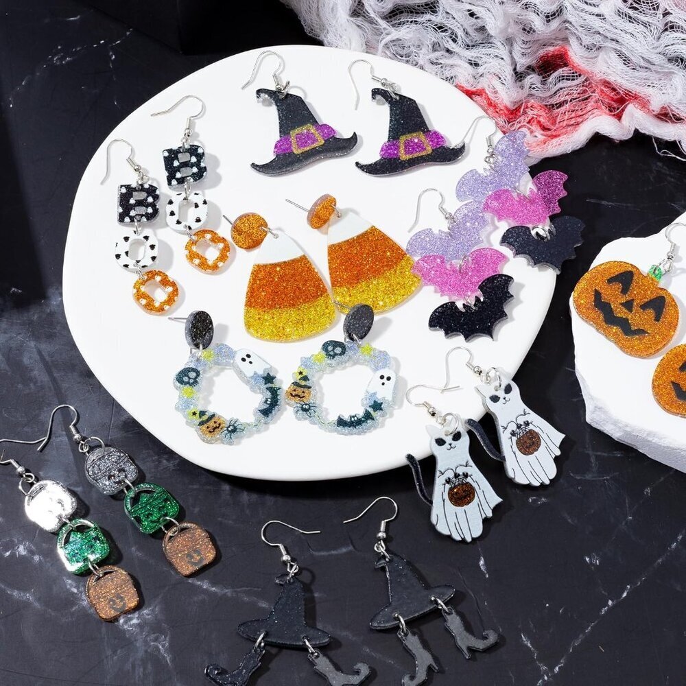 Halloween Glitter Acrylic Earrings Set 9 Pairs Festive Drop Dangle Jewelry - Picture 2 of 6